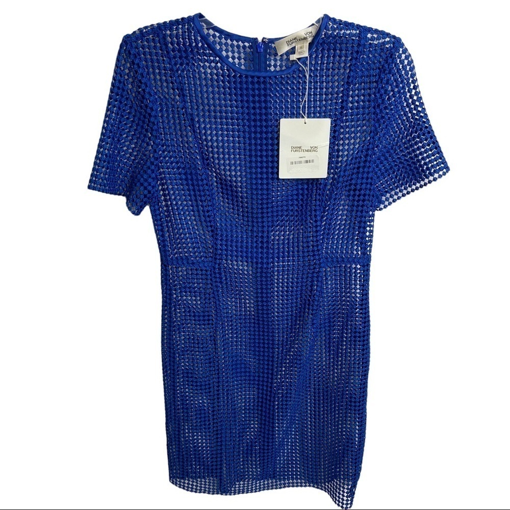 NWT Diane Von Furstenberg Size 6 Blue Chain Lace Dress No Lining Slip $398